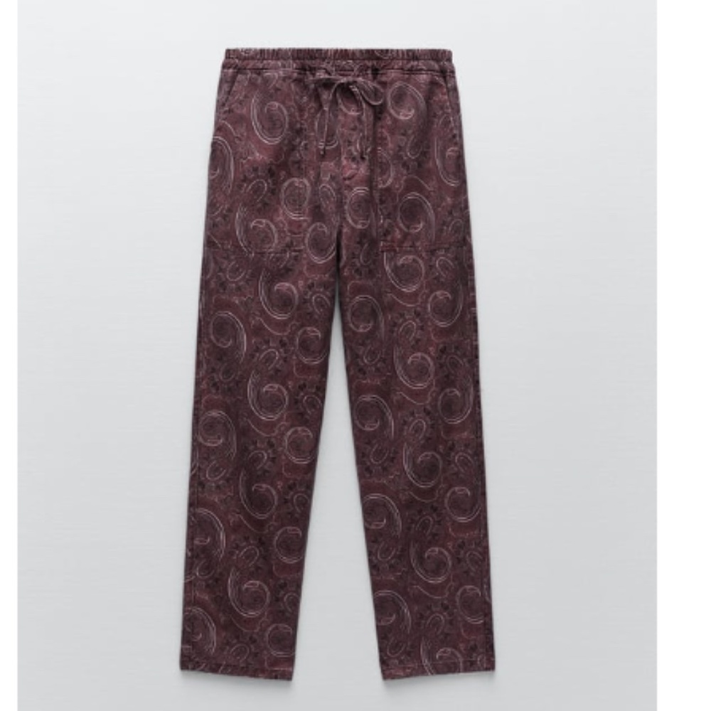 Zara burgundy and brown paisley high rise pajama style pants NWT
